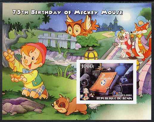 Benin 2004 75th Birthday of Mickey Mouse - Pinocchio imperf m/sheet unmounted mint, stamps on disney, stamps on films, stamps on movies, stamps on cinema, stamps on 