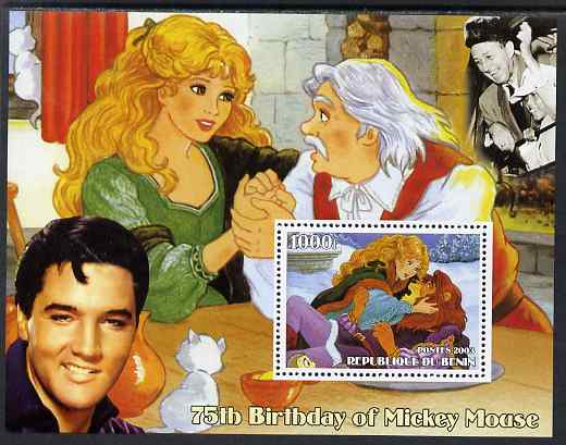 Benin 2003 75th Birthday of Mickey Mouse - Beauty & The Beast #2 (also shows Elvis & Walt Disney) perf m/sheet unmounted mint, stamps on , stamps on  stamps on personalities, stamps on  stamps on movies, stamps on  stamps on films, stamps on  stamps on cinema, stamps on  stamps on fairy tales, stamps on  stamps on elvis, stamps on  stamps on disney