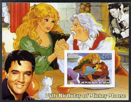 Benin 2003 75th Birthday of Mickey Mouse - Beauty & The Beast #2 (also shows Elvis & Walt Disney) imperf m/sheet unmounted mint, stamps on personalities, stamps on movies, stamps on films, stamps on cinema, stamps on fairy tales, stamps on elvis, stamps on disney