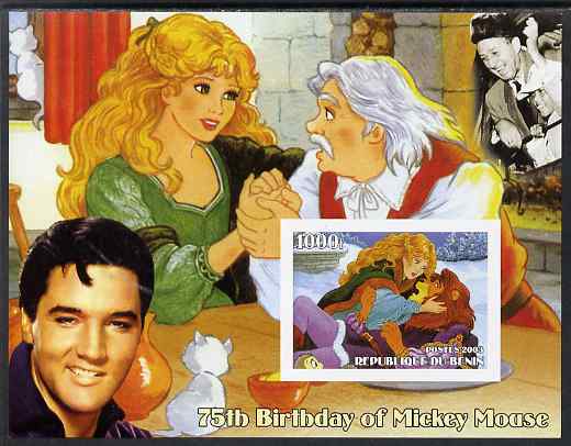 Benin 2003 75th Birthday of Mickey Mouse - Beauty & The Beast #2 (also shows Elvis & Walt Disney) imperf m/sheet unmounted mint, stamps on , stamps on  stamps on personalities, stamps on  stamps on movies, stamps on  stamps on films, stamps on  stamps on cinema, stamps on  stamps on fairy tales, stamps on  stamps on elvis, stamps on  stamps on disney