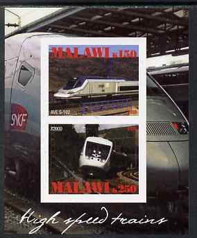 Malawi 2009 High Speed Trains #2 imperf sheetlet containing 2 values (AVE S-102 and X2000) unmounted mint, stamps on railways