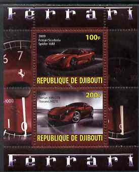 Djibouti 2009 Ferrari Cars #1 perf sheetlet containing 2 values (Spider 16M & 599 GTB) unmounted mint, stamps on cars, stamps on ferrari