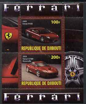 Djibouti 2009 Ferrari Cars #2 perf sheetlet containing 2 values (F430 & 575M) unmounted mint, stamps on cars, stamps on ferrari