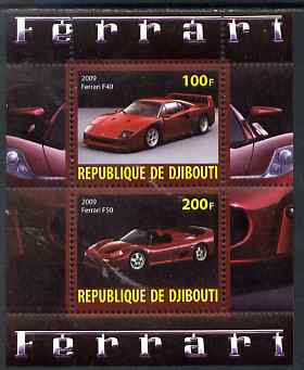 Djibouti 2009 Ferrari Cars #3 perf sheetlet containing 2 values (F40 & F50) unmounted mint, stamps on cars, stamps on ferrari