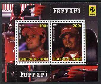 Djibouti 2009 Ferrari F1 Drivers perf sheetlet containing 2 values (Massa & Raikkonen) unmounted mint, stamps on cars, stamps on ferrari, stamps on personalities, stamps on  f1 , stamps on formula 1, stamps on 