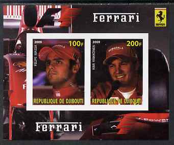 Djibouti 2009 Ferrari F1 Drivers imperf sheetlet containing 2 values (Massa & Raikkonen) unmounted mint, stamps on , stamps on  stamps on cars, stamps on  stamps on ferrari, stamps on  stamps on personalities, stamps on  stamps on  f1 , stamps on  stamps on formula 1, stamps on  stamps on 