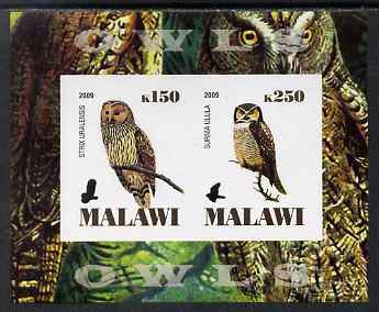 Malawi 2009 Owls #1 imperf sheetlet containing 2 values unmounted mint, stamps on , stamps on  stamps on birds, stamps on  stamps on birds of prey, stamps on  stamps on owls