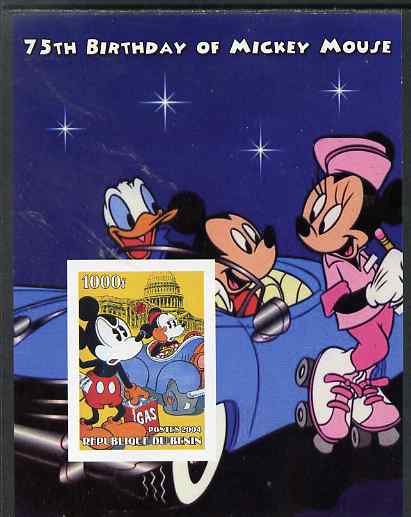Benin 2004 75th Birthday of Mickey Mouse - Mickey & Minnie in Car imperf m/sheet unmounted mint, stamps on personalities, stamps on movies, stamps on films, stamps on cinema, stamps on  oil , stamps on disney