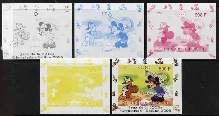 Benin 2008 Disney Characters playing Baseball #01 individual deluxe sheet with Olympic Rings - the set of 5 imperf progressive proofs comprising the 4 individual colours plus all 4-colour composite, unmounted mint , stamps on sport, stamps on olympics, stamps on baseball, stamps on disney