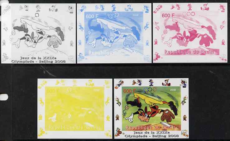 Benin 2008 Disney Characters playing Baseball #04 individual deluxe sheet with Olympic Rings - the set of 5 imperf progressive proofs comprising the 4 individual colours plus all 4-colour composite, unmounted mint , stamps on sport, stamps on olympics, stamps on baseball, stamps on disney