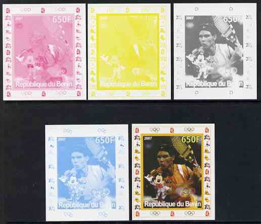 Benin 2007 Tennis #07 - Rafael Nadal individual deluxe sheet with Olympic Rings & Disney Character - the set of 5 imperf progressive proofs comprising the 4 individual colours plus all 4-colour composite, unmounted mint , stamps on sport, stamps on olympics, stamps on tennis, stamps on disney