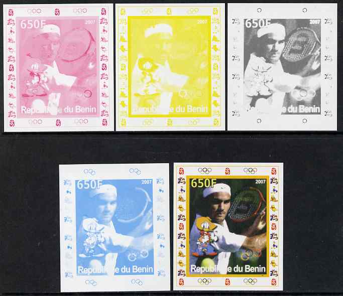 Benin 2007 Tennis #08 - Roger Federer individual deluxe sheet with Olympic Rings & Disney Character - the set of 5 imperf progressive proofs comprising the 4 individual c..., stamps on sport, stamps on olympics, stamps on tennis, stamps on disney