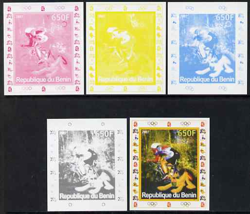 Benin 2007 Cycling #1 - individual deluxe sheet with Olympic Rings & Disney Character - the set of 5 imperf progressive proofs comprising the 4 individual colours plus all 4-colour composite, unmounted mint , stamps on , stamps on  stamps on sport, stamps on  stamps on olympics, stamps on  stamps on bicycles, stamps on  stamps on disney