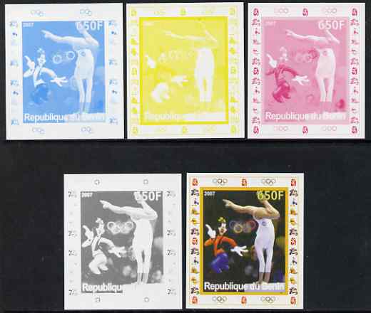 Benin 2007 Gymnastics #1 - individual deluxe sheet with Olympic Rings & Disney Character - the set of 5 imperf progressive proofs comprising the 4 individual colours plus all 4-colour composite, unmounted mint , stamps on , stamps on  stamps on sport, stamps on  stamps on olympics, stamps on  stamps on gymnastics, stamps on  stamps on  gym , stamps on  stamps on disney