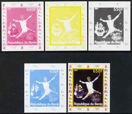 Benin 2007 Gymnastics #2 - individual deluxe sheet with Olympic Rings & Disney Character - the set of 5 imperf progressive proofs comprising the 4 individual colours plus all 4-colour composite, unmounted mint , stamps on , stamps on  stamps on sport, stamps on  stamps on olympics, stamps on  stamps on gymnastics, stamps on  stamps on  gym , stamps on  stamps on disney