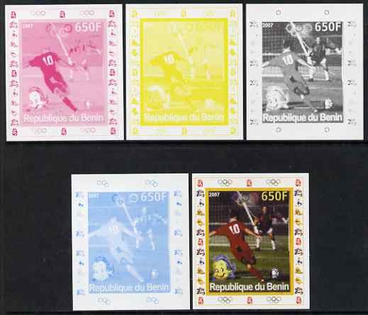 Benin 2007 Football #2 - individual deluxe sheet with Olympic Rings & Disney Character - the set of 5 imperf progressive proofs comprising the 4 individual colours plus all 4-colour composite, unmounted mint , stamps on sport, stamps on olympics, stamps on football, stamps on disney