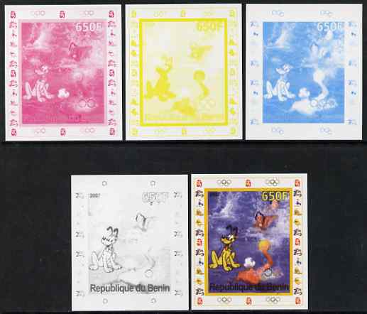 Benin 2007 Water Polo #1 - individual deluxe sheet with Olympic Rings & Disney Character - the set of 5 imperf progressive proofs comprising the 4 individual colours plus..., stamps on sport, stamps on olympics, stamps on water polo, stamps on disney