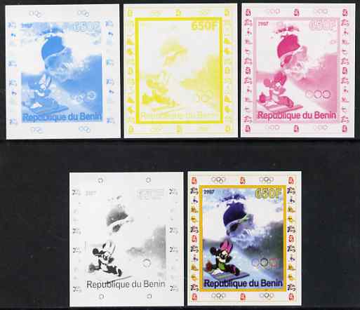 Benin 2007 Swimming #1 - individual deluxe sheet with Olympic Rings & Disney Character - the set of 5 imperf progressive proofs comprising the 4 individual colours plus a...