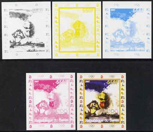 Benin 2007 Swimming #4 - individual deluxe sheet with Olympic Rings & Disney Character - the set of 5 imperf progressive proofs comprising the 4 individual colours plus all 4-colour composite, unmounted mint , stamps on sport, stamps on olympics, stamps on swimming, stamps on disney
