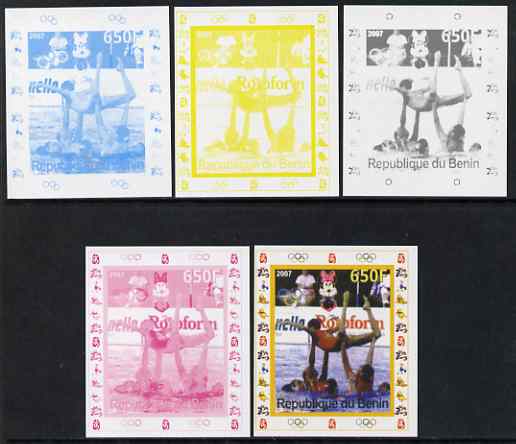 Benin 2007 Synch Swimming - individual deluxe sheet with Olympic Rings & Disney Character - the set of 5 imperf progressive proofs comprising the 4 individual colours plus all 4-colour composite, unmounted mint , stamps on sport, stamps on olympics, stamps on swimming, stamps on disney