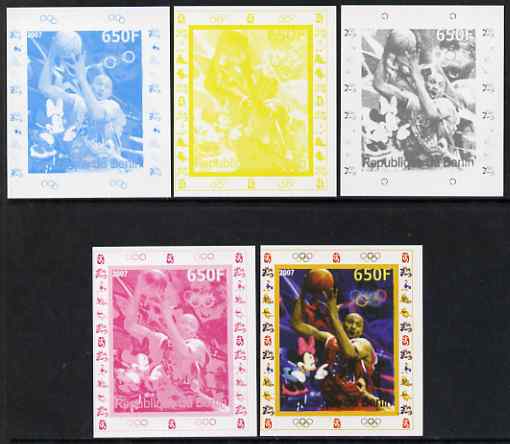 Benin 2007 Basketball - individual deluxe sheet with Olympic Rings & Disney Character - the set of 5 imperf progressive proofs comprising the 4 individual colours plus al..., stamps on sport, stamps on olympics, stamps on basketball, stamps on disney