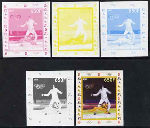 Benin 2007 Fencing - individual deluxe sheet with Olympic Rings & Disney Character - the set of 5 imperf progressive proofs comprising the 4 individual colours plus all 4-colour composite, unmounted mint , stamps on , stamps on  stamps on sport, stamps on  stamps on olympics, stamps on  stamps on fencing, stamps on  stamps on disney