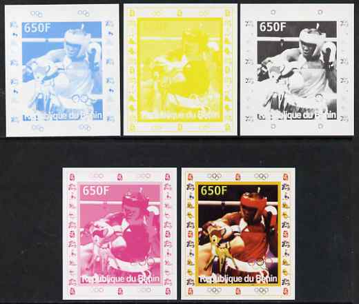 Benin 2007 Boxing - individual deluxe sheet with Olympic Rings & Disney Character - the set of 5 imperf progressive proofs comprising the 4 individual colours plus all 4-colour composite, unmounted mint , stamps on , stamps on  stamps on sport, stamps on  stamps on olympics, stamps on  stamps on boxing, stamps on  stamps on disney