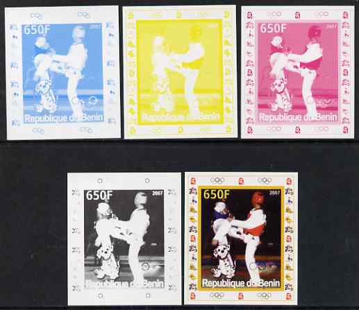 Benin 2007 Kick Boxing - individual deluxe sheet with Olympic Rings & Disney Character - the set of 5 imperf progressive proofs comprising the 4 individual colours plus a..., stamps on sport, stamps on olympics, stamps on kick boxing, stamps on disney, stamps on martial arts