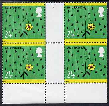 Great Britain 1992 Protection of the Environment - 24p Acid Rain positional gutter block of 4, one stamp with large dot by value, unmounted mint SG1629 var, stamps on environment, stamps on weather