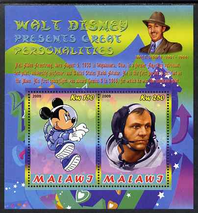 Malawi 2009 Walt Disney Presents Great Personalities - Neil Armstrong perf sheetlet containing 2 values unmounted mint, stamps on personalities, stamps on disney, stamps on films, stamps on cinema, stamps on movies, stamps on space, stamps on apollo, stamps on masonics, stamps on , stamps on masonry