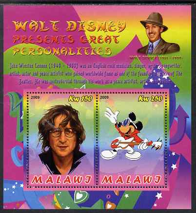 Malawi 2009 Walt Disney Presents Great Personalities - John Lennon perf sheetlet containing 2 values unmounted mint, stamps on personalities, stamps on disney, stamps on films, stamps on cinema, stamps on movies, stamps on beatles, stamps on music, stamps on rock, stamps on pops