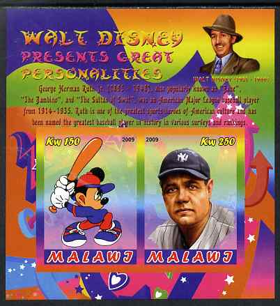 Malawi 2009 Walt Disney Presents Great Personalities - Babe Ruth imperf sheetlet containing 2 values unmounted mint, stamps on personalities, stamps on disney, stamps on films, stamps on cinema, stamps on movies, stamps on sport, stamps on baseball