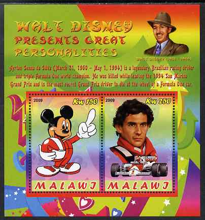 Malawi 2009 Walt Disney Presents Great Personalities - Ayrton Senna perf sheetlet containing 2 values unmounted mint, stamps on , stamps on  stamps on personalities, stamps on  stamps on disney, stamps on  stamps on films, stamps on  stamps on cinema, stamps on  stamps on movies, stamps on  stamps on sport, stamps on  stamps on  f1 , stamps on  stamps on formula 1, stamps on  stamps on cars, stamps on  stamps on cigarettes, stamps on  stamps on tobacco