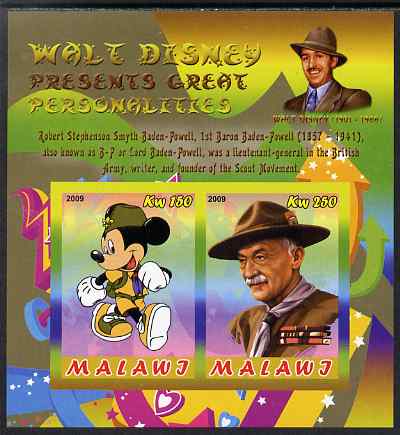 Malawi 2009 Walt Disney Presents Great Personalities - Baden Powell imperf sheetlet containing 2 values unmounted mint, stamps on personalities, stamps on disney, stamps on films, stamps on cinema, stamps on movies, stamps on scouts