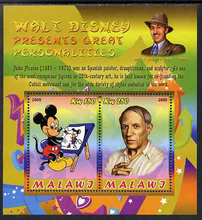 Malawi 2009 Walt Disney Presents Great Personalities - Pablo Picasso perf sheetlet containing 2 values unmounted mint, stamps on , stamps on  stamps on personalities, stamps on  stamps on disney, stamps on  stamps on films, stamps on  stamps on cinema, stamps on  stamps on movies, stamps on  stamps on arts, stamps on  stamps on picasso