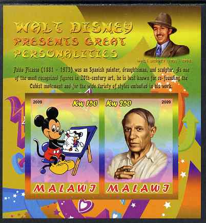 Malawi 2009 Walt Disney Presents Great Personalities - Pablo Picasso imperf sheetlet containing 2 values unmounted mint, stamps on , stamps on  stamps on personalities, stamps on  stamps on disney, stamps on  stamps on films, stamps on  stamps on cinema, stamps on  stamps on movies, stamps on  stamps on arts, stamps on  stamps on picasso