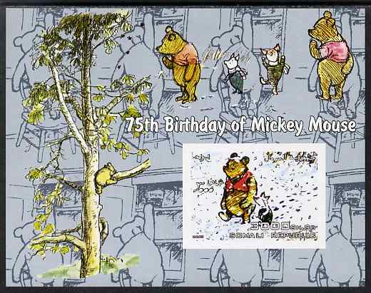 Somalia 2003 75th Birthday of Mickey Mouse - Winnie the Pooh #2 imperf s/sheet unmounted mint. Note this item is privately produced and is offered purely on its thematic appeal, stamps on , stamps on  stamps on disney, stamps on  stamps on films, stamps on  stamps on cinema, stamps on  stamps on movies, stamps on  stamps on bears, stamps on  stamps on fairy tales