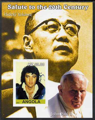 Angola 2002 Salute to the 20th Century #02 imperf s/sheet - Elvis, Pope John Paul & Hideki Yukawa, unmounted mint, stamps on pope, stamps on personalities, stamps on elvis, stamps on music, stamps on films, stamps on cinema, stamps on movies, stamps on pops, stamps on rock