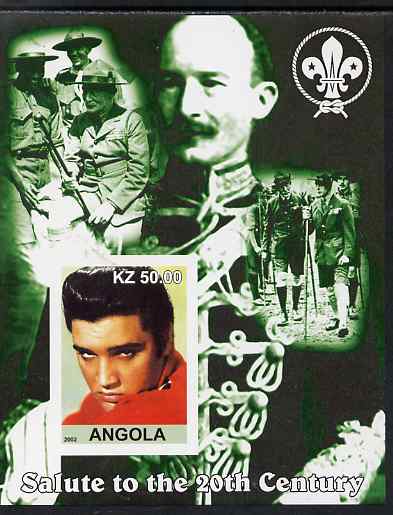 Angola 2002 Salute to the 20th Century #06 imperf s/sheet - Elvis & Baden Powell, unmounted mint, stamps on , stamps on  stamps on personalities, stamps on  stamps on elvis, stamps on  stamps on music, stamps on  stamps on films, stamps on  stamps on cinema, stamps on  stamps on movies, stamps on  stamps on pops, stamps on  stamps on rock, stamps on  stamps on scouts