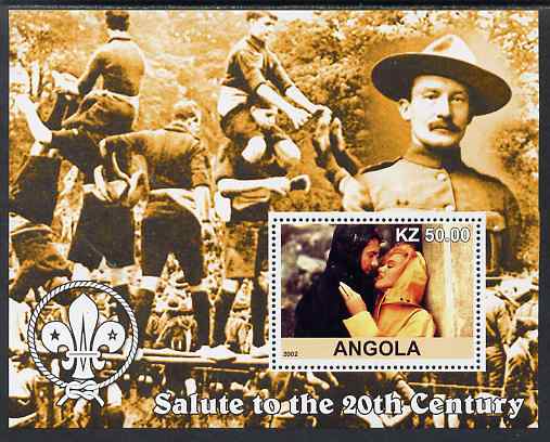 Angola 2002 Salute to the 20th Century #09 perf s/sheet - Marilyn & Baden Powell, unmounted mint. Note this item is privately produced and is offered purely on its thematic appeal, stamps on , stamps on  stamps on personalities, stamps on  stamps on films, stamps on  stamps on cinema, stamps on  stamps on movies, stamps on  stamps on music, stamps on  stamps on marilyn, stamps on  stamps on monroe, stamps on  stamps on scouts