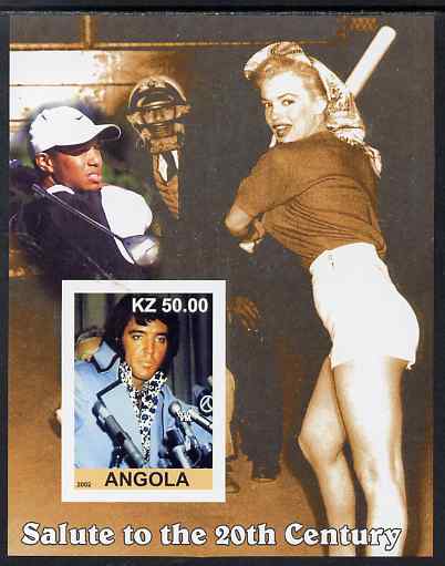 Angola 2002 Salute to the 20th Century #10 imperf s/sheet - Elvis, Marilyn & Tiger Woods, unmounted mint. Note this item is privately produced and is offered purely on its thematic appeal, stamps on , stamps on  stamps on personalities, stamps on  stamps on elvis, stamps on  stamps on music, stamps on  stamps on films, stamps on  stamps on cinema, stamps on  stamps on movies, stamps on  stamps on pops, stamps on  stamps on rock, stamps on  stamps on marilyn, stamps on  stamps on golf, stamps on  stamps on baseball