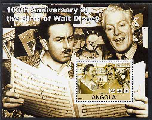 Angola 2001 Birth Centenary of Walt Disney #04 perf s/sheet - Walt Disney & Nelson Eddie, unmounted mint. Note this item is privately produced and is offered purely on its thematic appeal, stamps on personalities, stamps on music, stamps on films, stamps on cinema, stamps on movies, stamps on disney