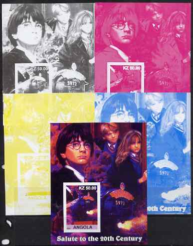 Angola 2002 Salute to the 20th Century #13 s/sheet - Harry Potter & Hogwarts Express - the set of 5 imperf progressive proofs comprising the 4 individual colours plus all..., stamps on personalities, stamps on films, stamps on cinema, stamps on movies, stamps on fantasy, stamps on railways