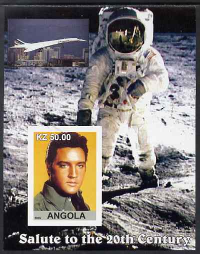 Angola 2002 Salute to the 20th Century #12 imperf s/sheet - Elvis, Concorde & Neil Armstrong, unmounted mint. Note this item is privately produced and is offered purely on its thematic appeal, stamps on , stamps on  stamps on personalities, stamps on  stamps on elvis, stamps on  stamps on music, stamps on  stamps on films, stamps on  stamps on cinema, stamps on  stamps on movies, stamps on  stamps on pops, stamps on  stamps on rock, stamps on  stamps on concorde, stamps on  stamps on aviation, stamps on  stamps on space, stamps on  stamps on apollo