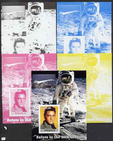 Angola 2002 Salute to the 20th Century #12 s/sheet - Elvis, Concorde & Neil Armstrong - the set of 5 imperf progressive proofs comprising the 4 individual colours plus all 4-colour composite, unmounted mint , stamps on personalities, stamps on elvis, stamps on music, stamps on films, stamps on cinema, stamps on movies, stamps on pops, stamps on rock, stamps on concorde, stamps on aviation, stamps on space, stamps on apollo