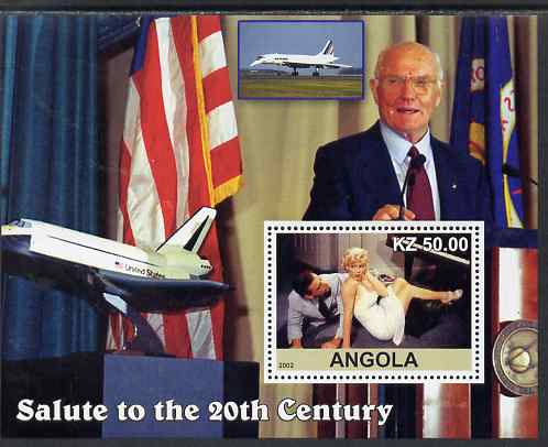 Angola 2002 Salute to the 20th Century #16 perf s/sheet - Marilyn, John Glenn & Space Shuttle, unmounted mint. Note this item is privately produced and is offered purely on its thematic appeal, stamps on personalities, stamps on films, stamps on cinema, stamps on movies, stamps on music, stamps on marilyn, stamps on monroe, stamps on space, stamps on shuttle, stamps on flags