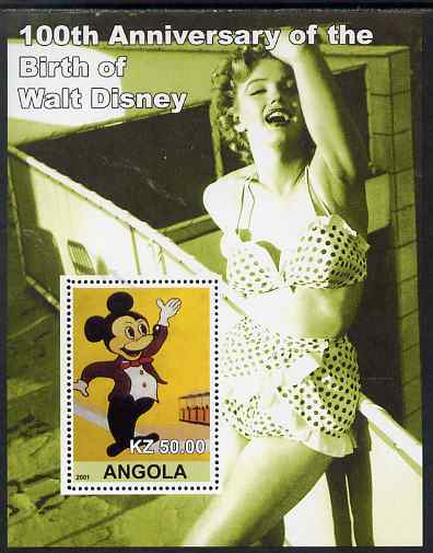 Angola 2001 Birth Centenary of Walt Disney #05 perf s/sheet - Mickey Mouse & Marilyn, unmounted mint. Note this item is privately produced and is offered purely on its thematic appeal, stamps on , stamps on  stamps on personalities, stamps on  stamps on music, stamps on  stamps on films, stamps on  stamps on cinema, stamps on  stamps on movies, stamps on  stamps on marilyn, stamps on  stamps on disney