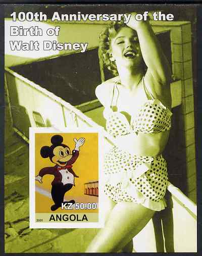 Angola 2001 Birth Centenary of Walt Disney #05 imperf s/sheet - Mickey Mouse & Marilyn, unmounted mint. Note this item is privately produced and is offered purely on its thematic appeal, stamps on , stamps on  stamps on personalities, stamps on  stamps on music, stamps on  stamps on films, stamps on  stamps on cinema, stamps on  stamps on movies, stamps on  stamps on marilyn, stamps on  stamps on disney