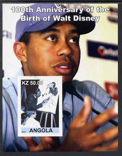 Angola 2001 Birth Centenary of Walt Disney #02 imperf s/sheet - Disney & Tiger Woods, unmounted mint. Note this item is privately produced and is offered purely on its thematic appeal, stamps on personalities, stamps on films, stamps on cinema, stamps on movies, stamps on golf, stamps on disney