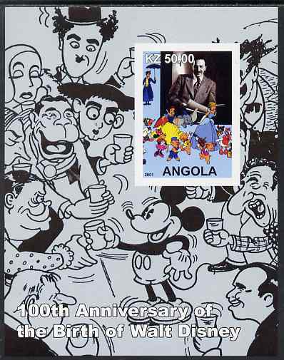 Angola 2001 Birth Centenary of Walt Disney #03 imperf s/sheet - Disney & charactures incl Charlie Chaplin, unmounted mint. Note this item is privately produced and is offered purely on its thematic appeal, stamps on , stamps on  stamps on personalities, stamps on  stamps on movies, stamps on  stamps on films, stamps on  stamps on disney, stamps on  stamps on cinema, stamps on  stamps on chaplin, stamps on  stamps on entertainments, stamps on  stamps on comedy